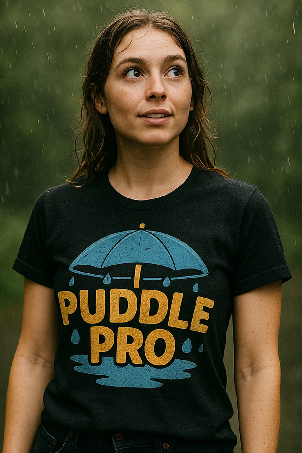 "Puddle Pro" black rain forest shirts, photographed as gifts for rain lovers
