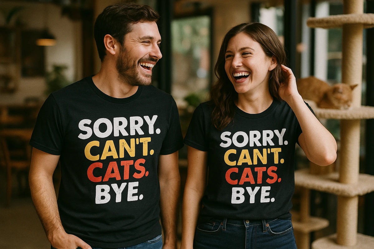 Person wearing the black funny t shirts for cat lovers graphic tee - "Sorry. Cant. Cats. Bye." design