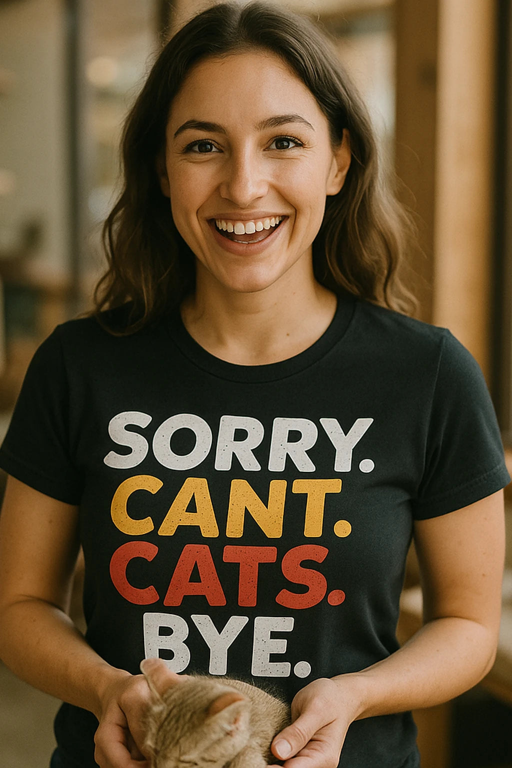 "Sorry. Cant. Cats. Bye." black funny t shirts for cat lovers, photographed as cat lovers lover gift