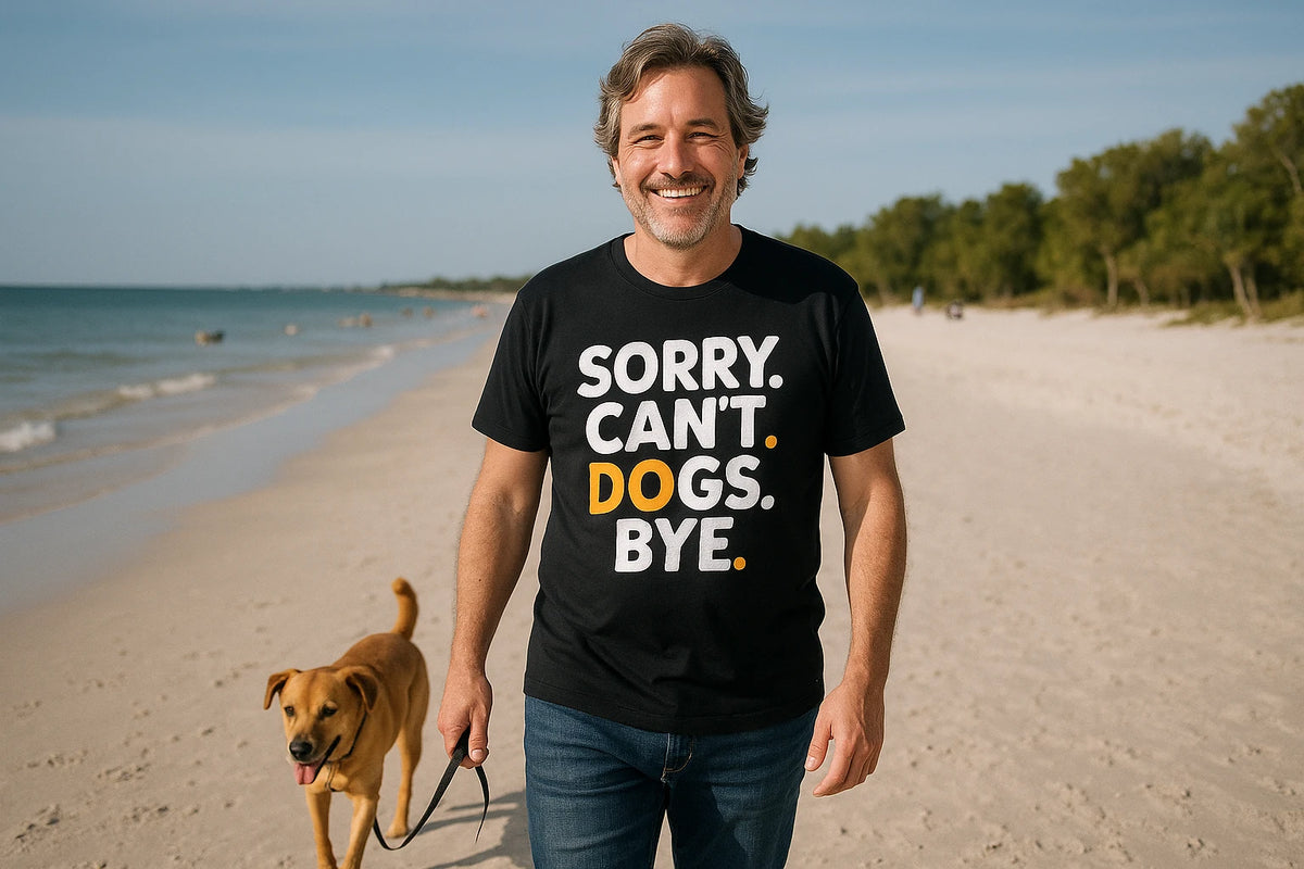 Lifestyle shot of the "Sorry. Cant. Dogs. Bye." black animal lovers shirts in a real-world setting