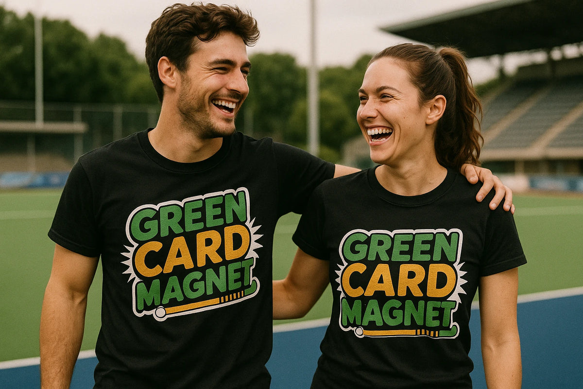 Person wearing the black field hockey t shirt graphic tee - "Green Card Magnet" design