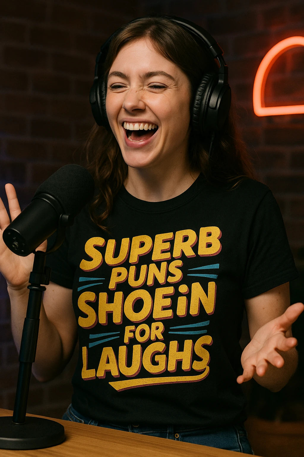 "Superb Puns Shoein for Laughs" black comedy t shirt, photographed as gifts for comedy lovers