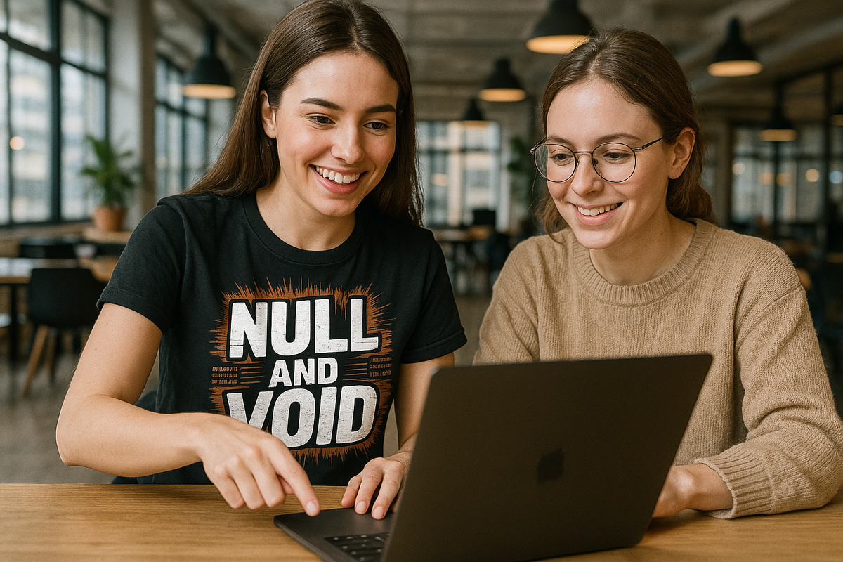 Lifestyle shot of the "Null and Void" black programming shirts in a real-world setting