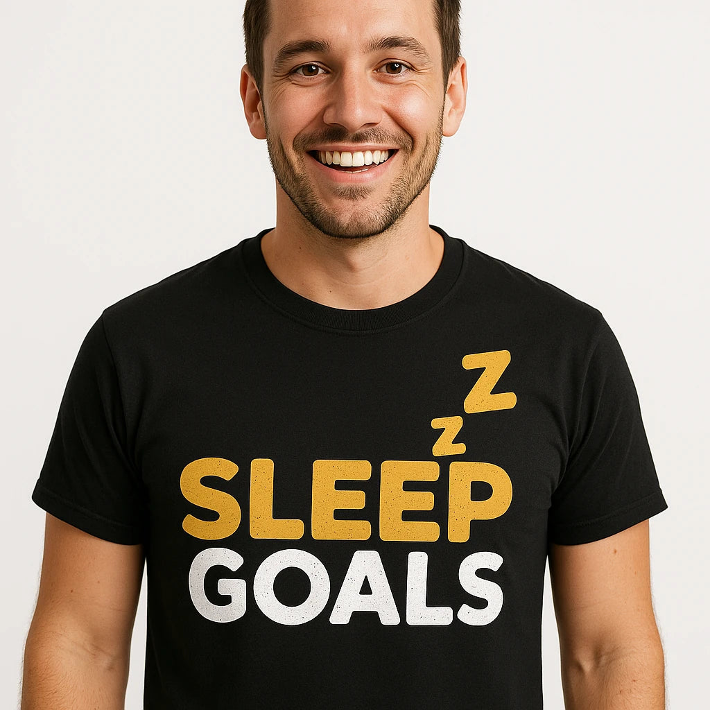 Close-up of the "Sleep Goals" gold print on a premium Bella+Canvas black cotton sleep shirts