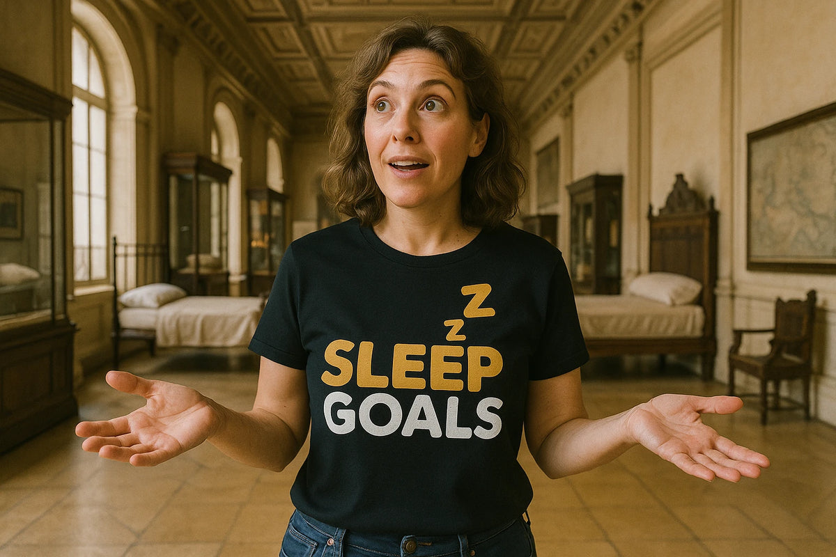 Lifestyle shot of the "Sleep Goals" black cotton sleep shirts in a real-world setting