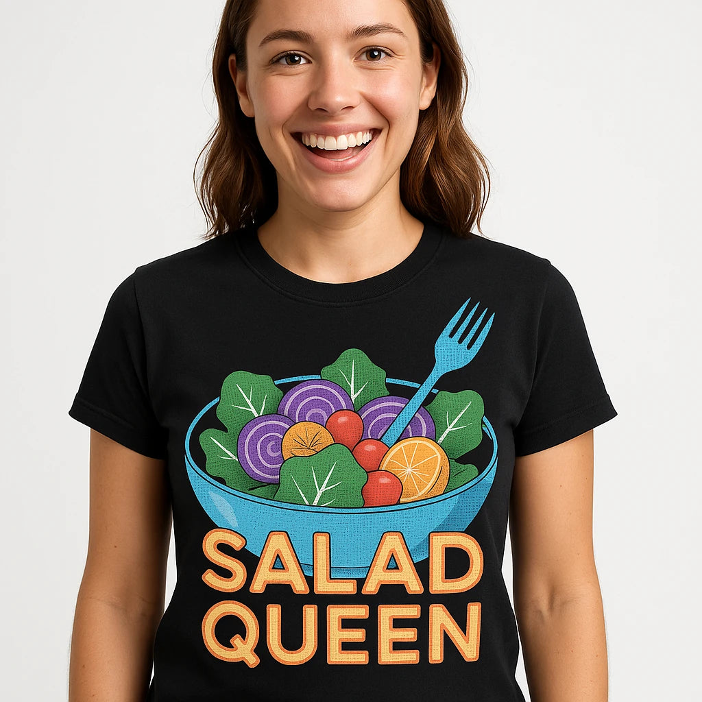 Close-up of the "Salad Queen" gray print on a premium Bella+Canvas black salad shirts