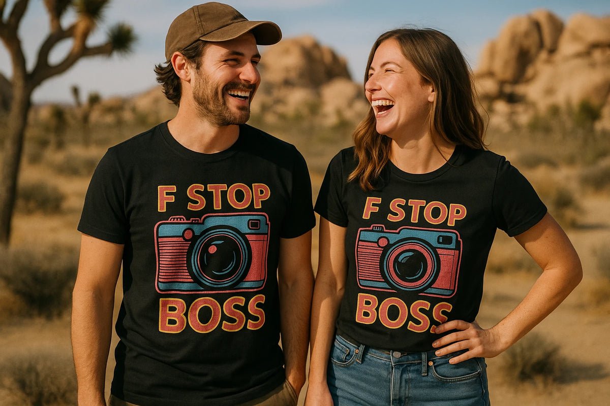 Person wearing the black photographers shirts graphic tee - "F Stop Boss" design