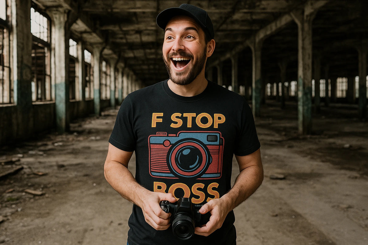 Lifestyle shot of the "F Stop Boss" black photographers shirts in a real-world setting