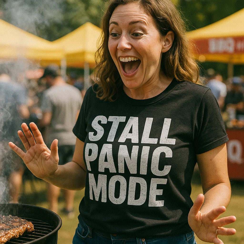 "Stall Panic Mode" black bbq tee - also one of the gifts for someone who likes to bbq