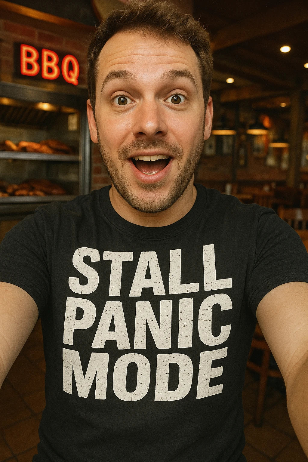 "Stall Panic Mode" black bbq tee - also one of the best gifts for bbq lovers