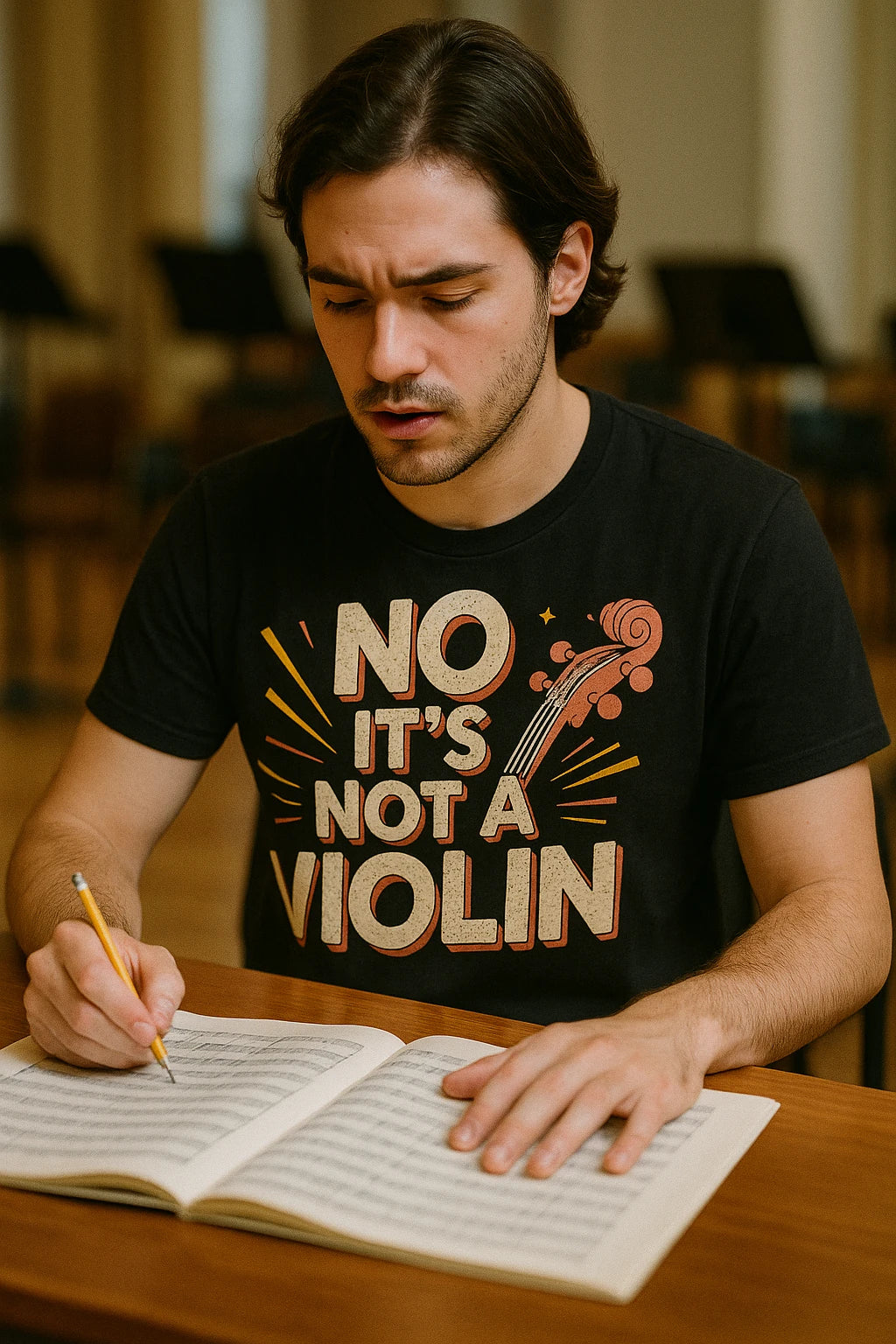 "No It'S Not a Violin" black orchestra t shirt designs, photographed as gifts for orchestra lovers
