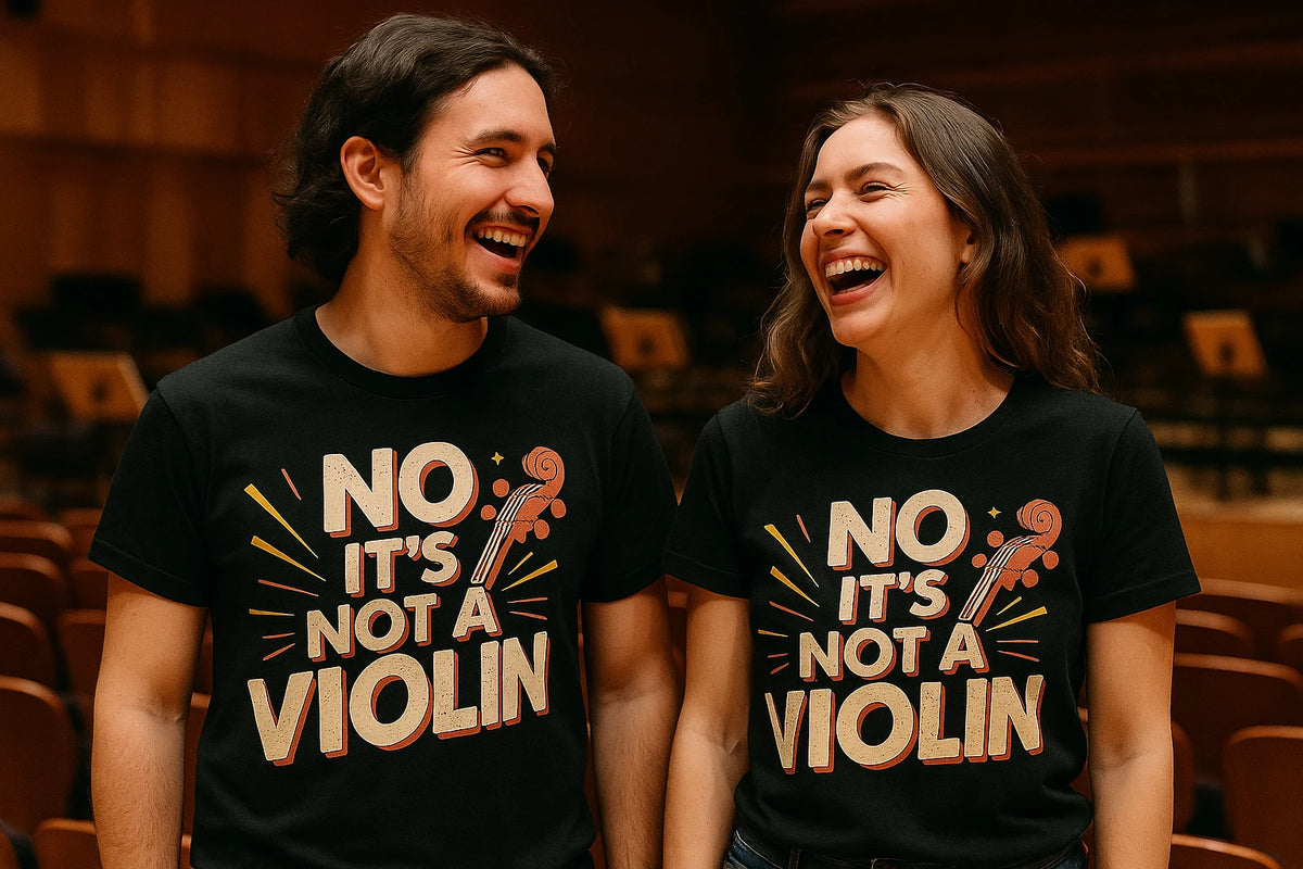Person wearing the black orchestra t shirt designs graphic tee - "No It'S Not a Violin" design