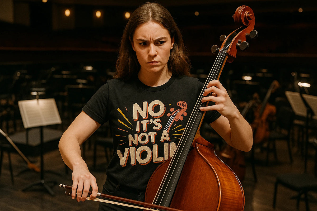 Lifestyle shot of the "No It'S Not a Violin" black orchestra t shirt designs in a real-world setting
