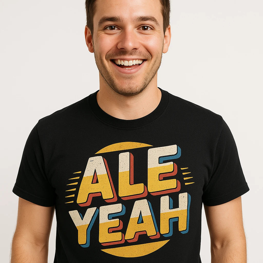 Close-up of the "Ale Yeah" orange print on a premium Bella+Canvas black vintage beer shirts