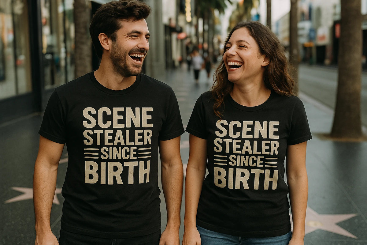 Person wearing the black actor shirts graphic tee - "Scene Stealer Since Birth" design