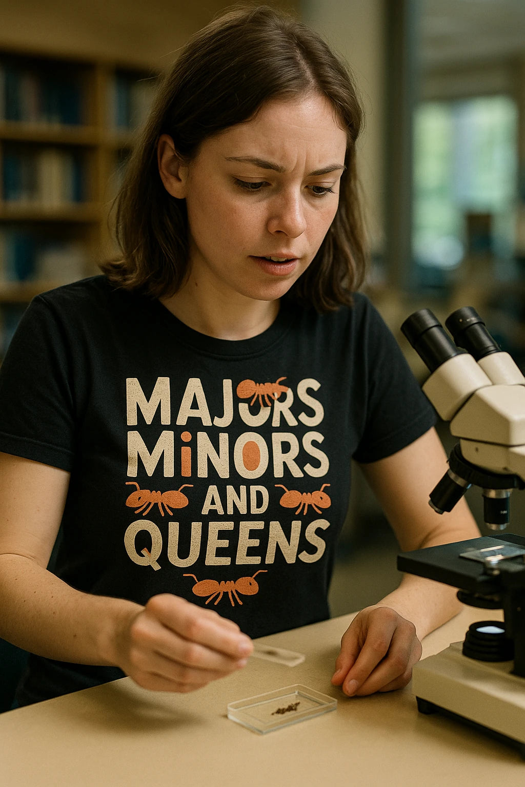 "Majors Minors and Queens" black ant t shirt, photographed as gifts for ant lovers