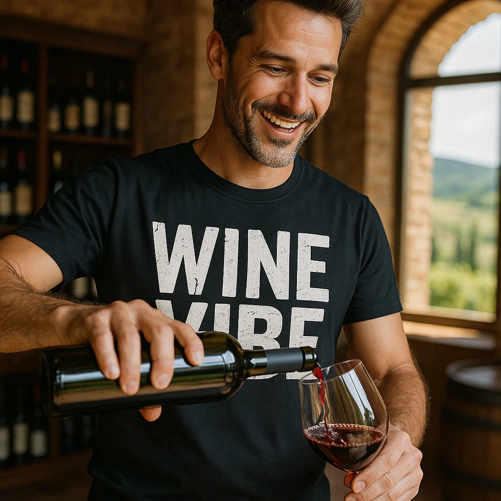 "Wine Vibe" black sommelier t shirt, photographed as sommelier gift