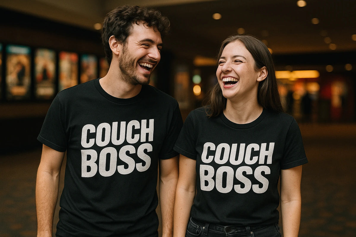 Person wearing the black graphic tee graphic tee - "Couch Boss" design