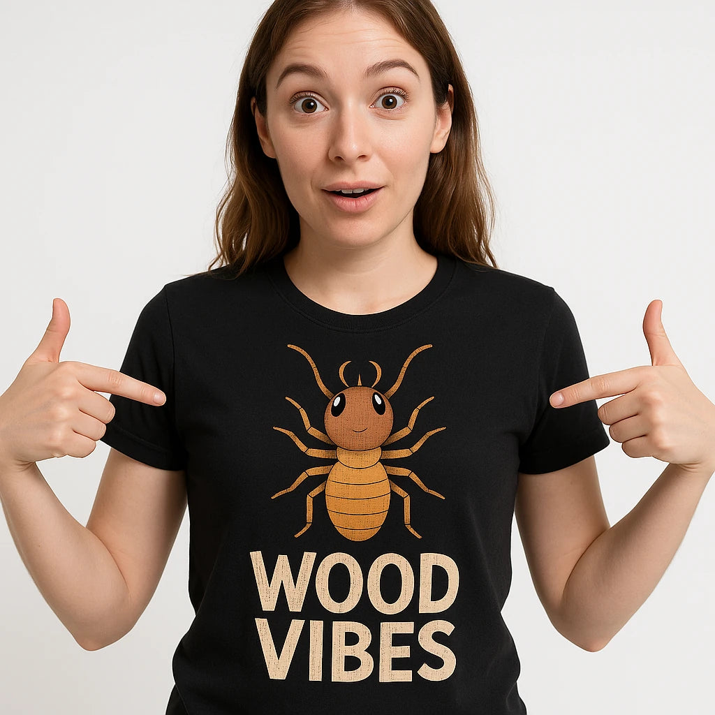 Close-up of the "Wood Vibes" gold print on a premium Bella+Canvas black termite t shirt