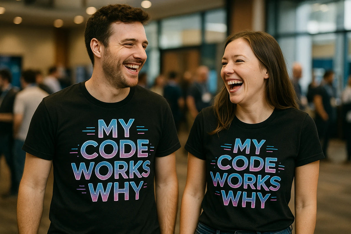 Person wearing the black it specialist t shirt graphic tee - "My Code Works Why" design