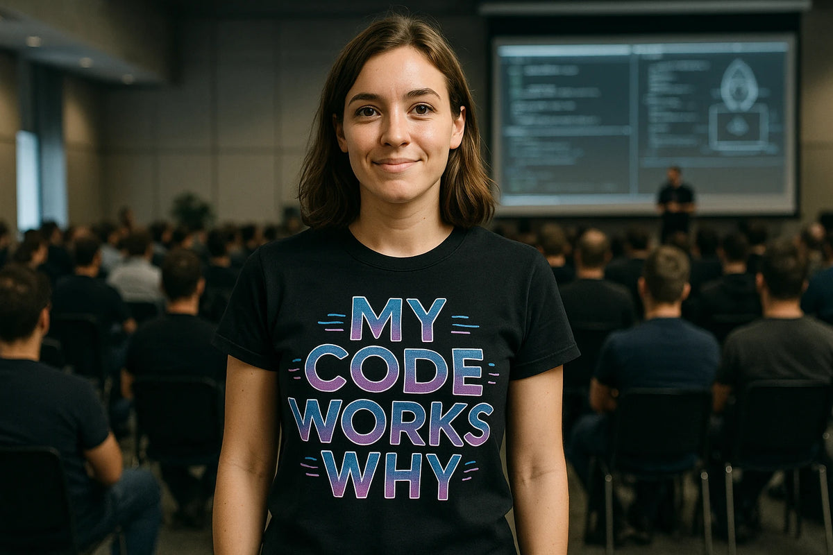 Lifestyle shot of the "My Code Works Why" black it specialist t shirt in a real-world setting