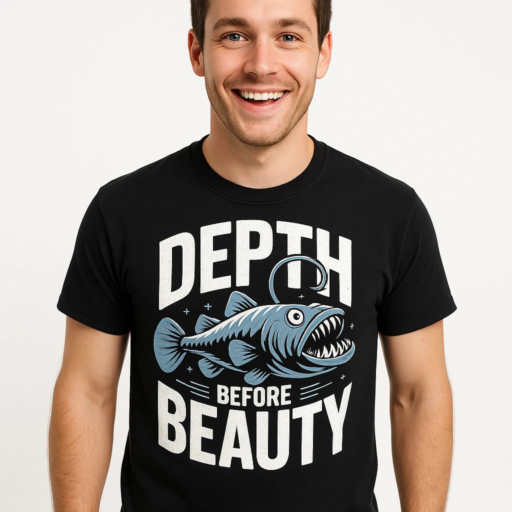 Close-up of the "Depth Before Beauty" white print on a premium Bella+Canvas black anglerfish t shirt