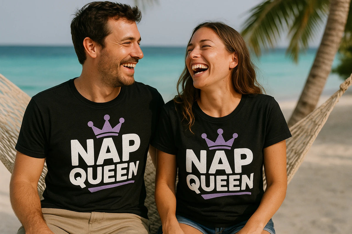 Person wearing the black relaxing t shirt graphic tee - "Nap Queen" design