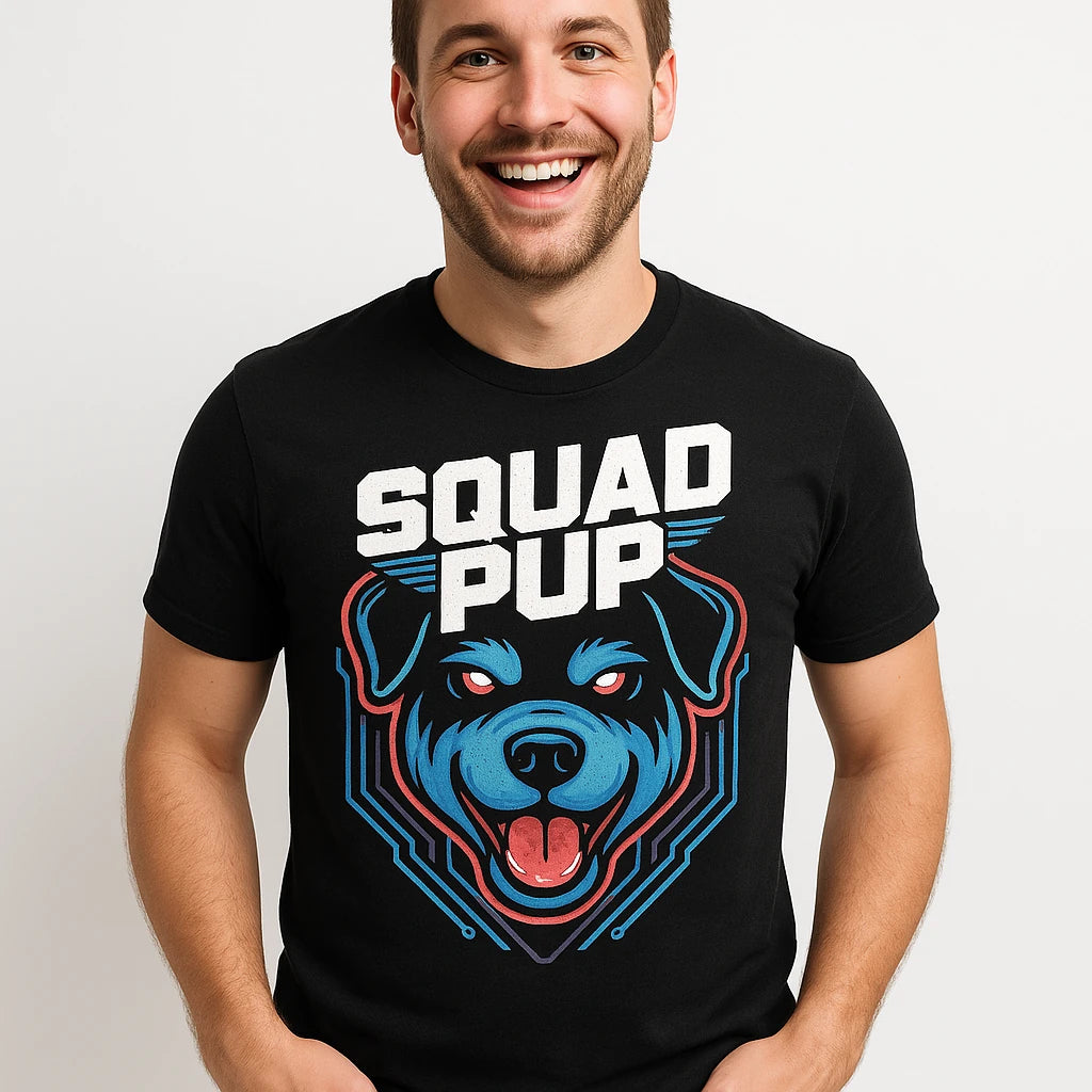 Close-up of the "Squad Pup" gray print on a premium Bella+Canvas black dog t shirt