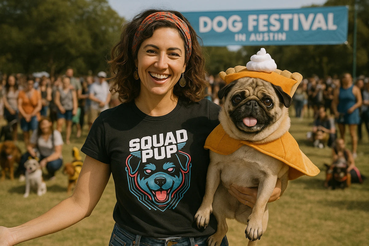 Lifestyle shot of the "Squad Pup" black dog t shirt in a real-world setting
