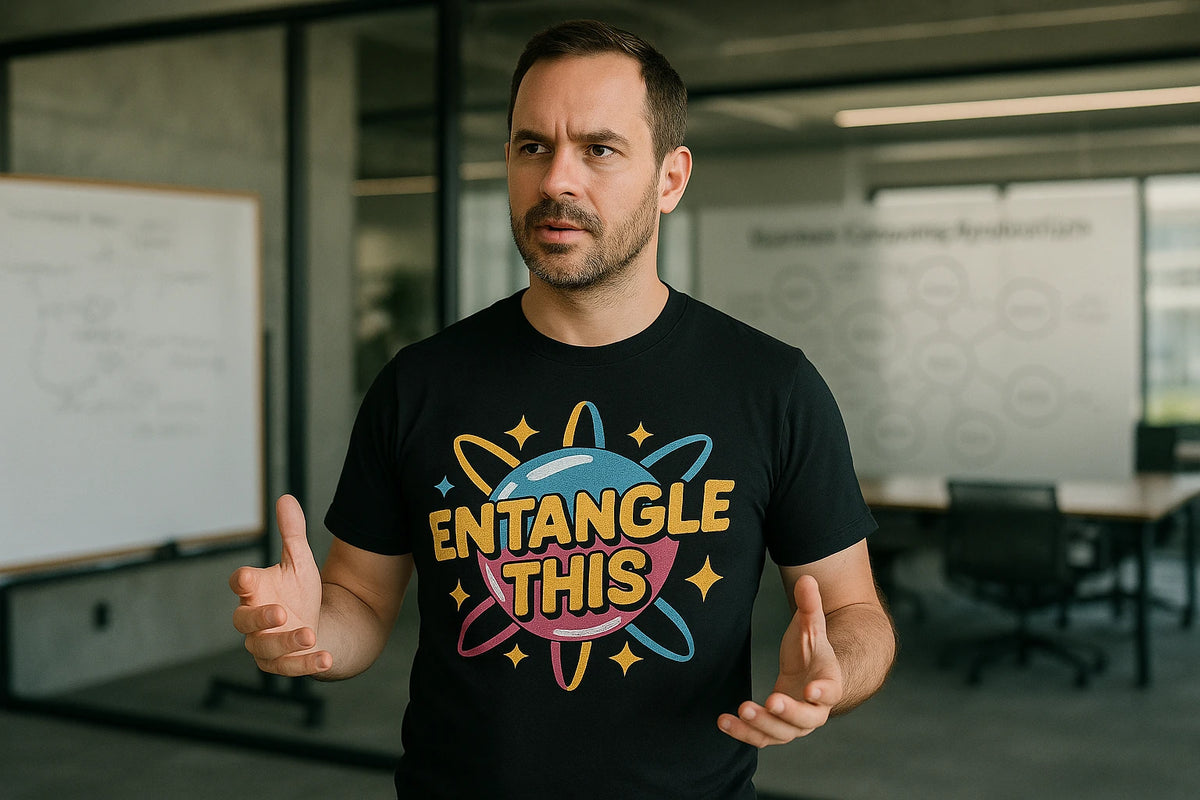 Lifestyle shot of the "Entangle This" black quantum mechanics t shirt in a real-world setting