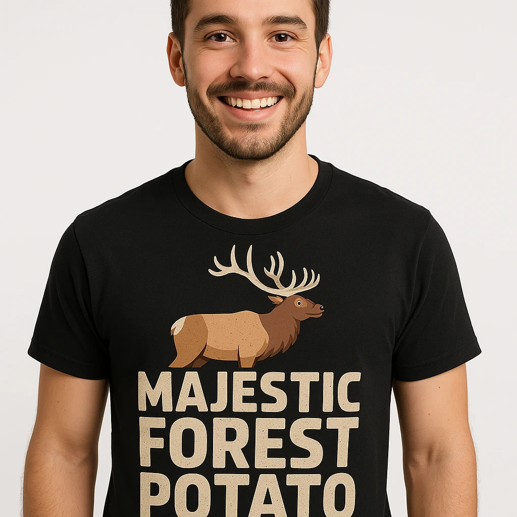 Close-up of the "Majestic Forest Potato" beige print on a premium Bella+Canvas black elk t shirt