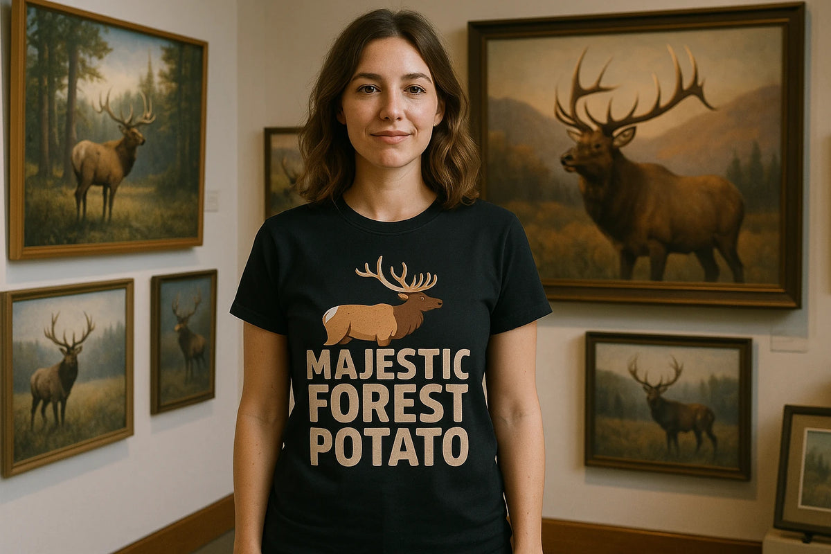 Lifestyle shot of the "Majestic Forest Potato" black elk t shirt in a real-world setting
