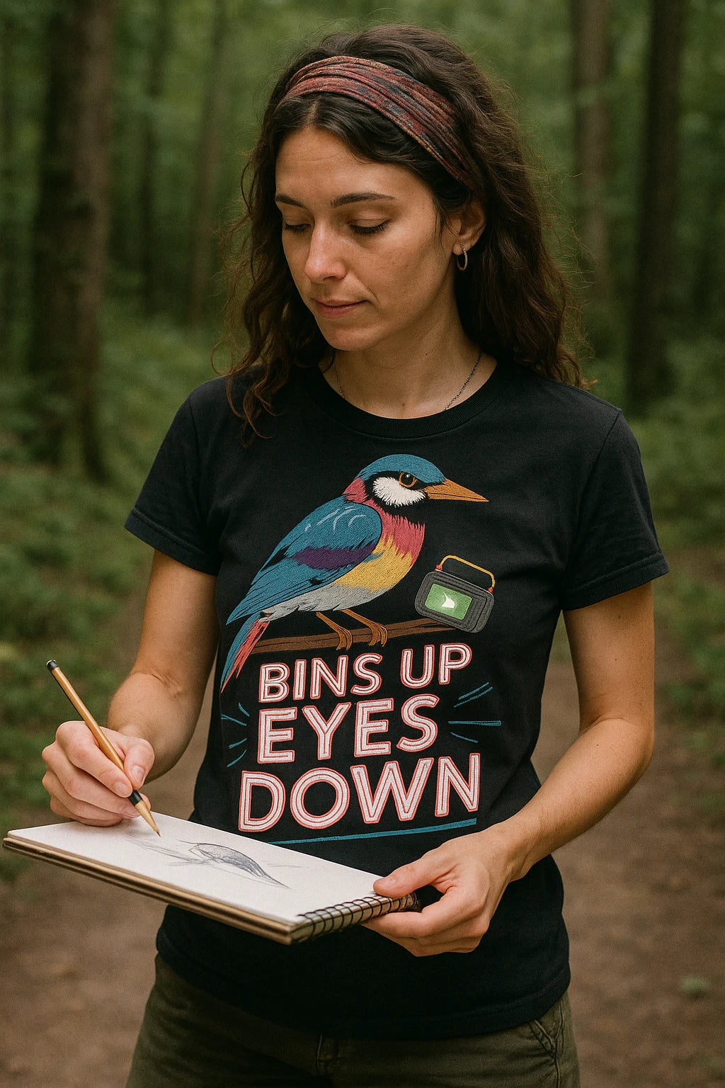 "Bins Up Eyes Down" black bird watching t shirts funny - also one of the best gifts for bird watchers