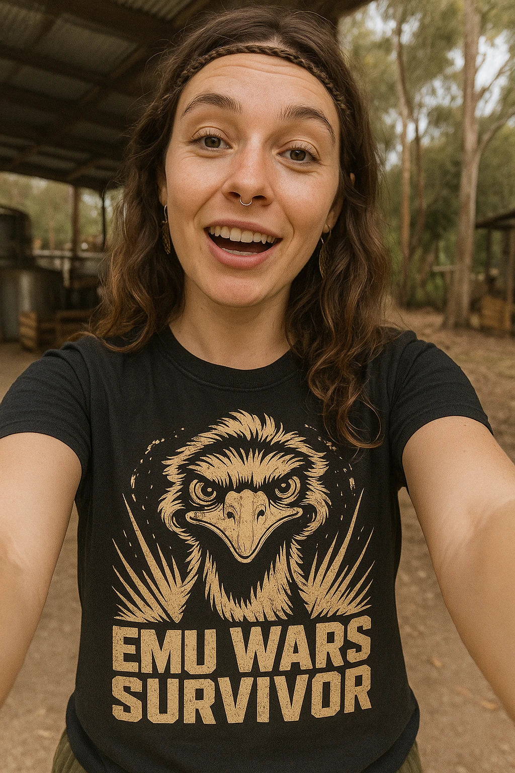 "Emu Wars Survivor" black emus shirts, photographed as emus lover gift