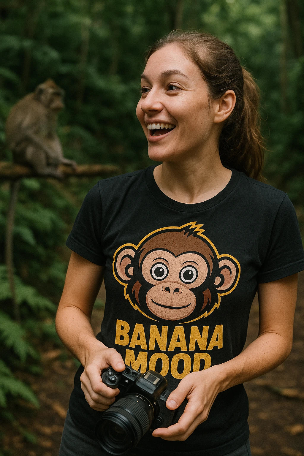 "Banana Mood" black monkey t shirt, photographed as gift ideas for monkey lovers