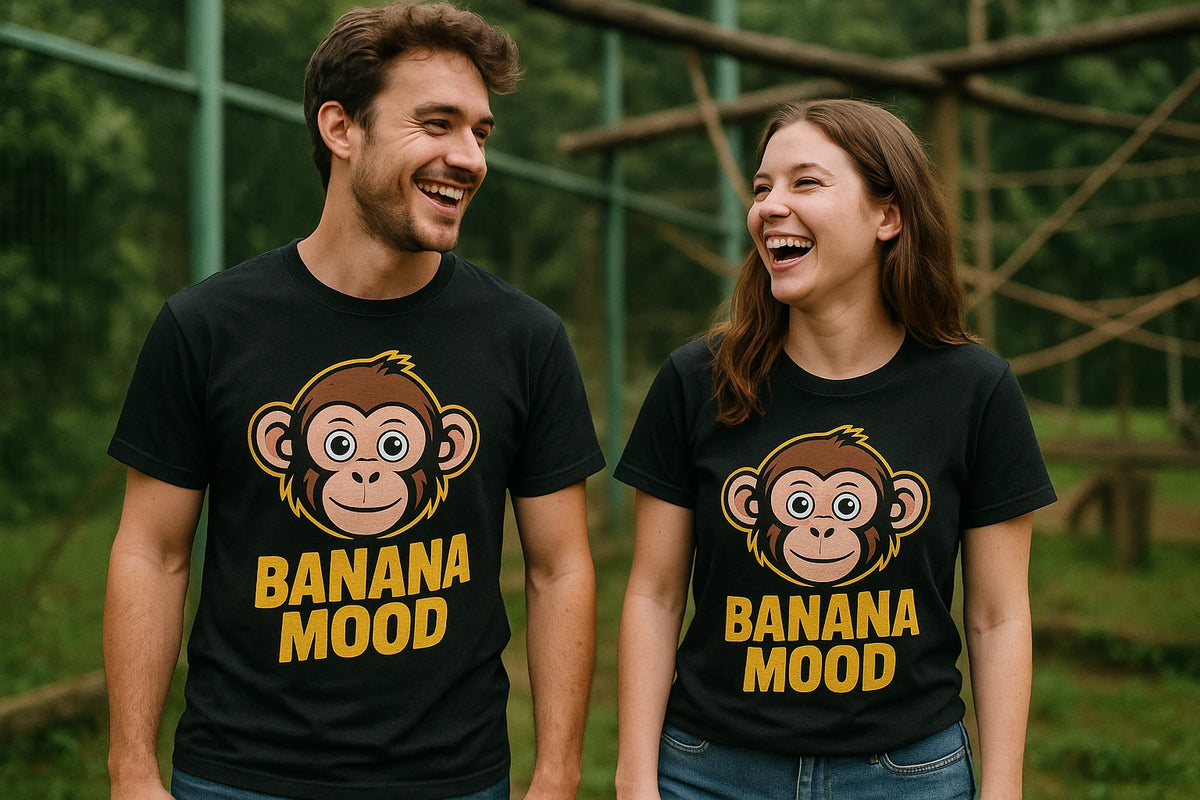 Person wearing the black monkey t shirt graphic tee - "Banana Mood" design