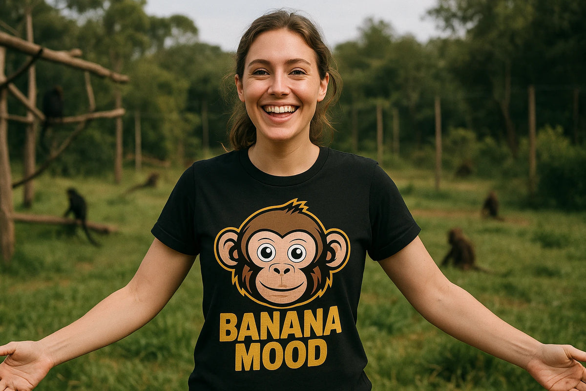 Lifestyle shot of the "Banana Mood" black monkey t shirt in a real-world setting
