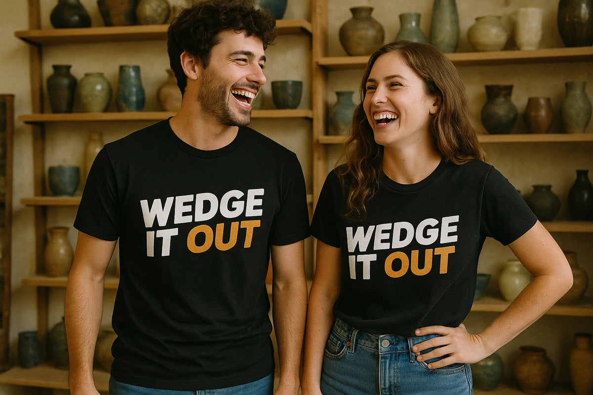 Person wearing the black ceramic t shirt graphic tee - "Wedge It Out" design