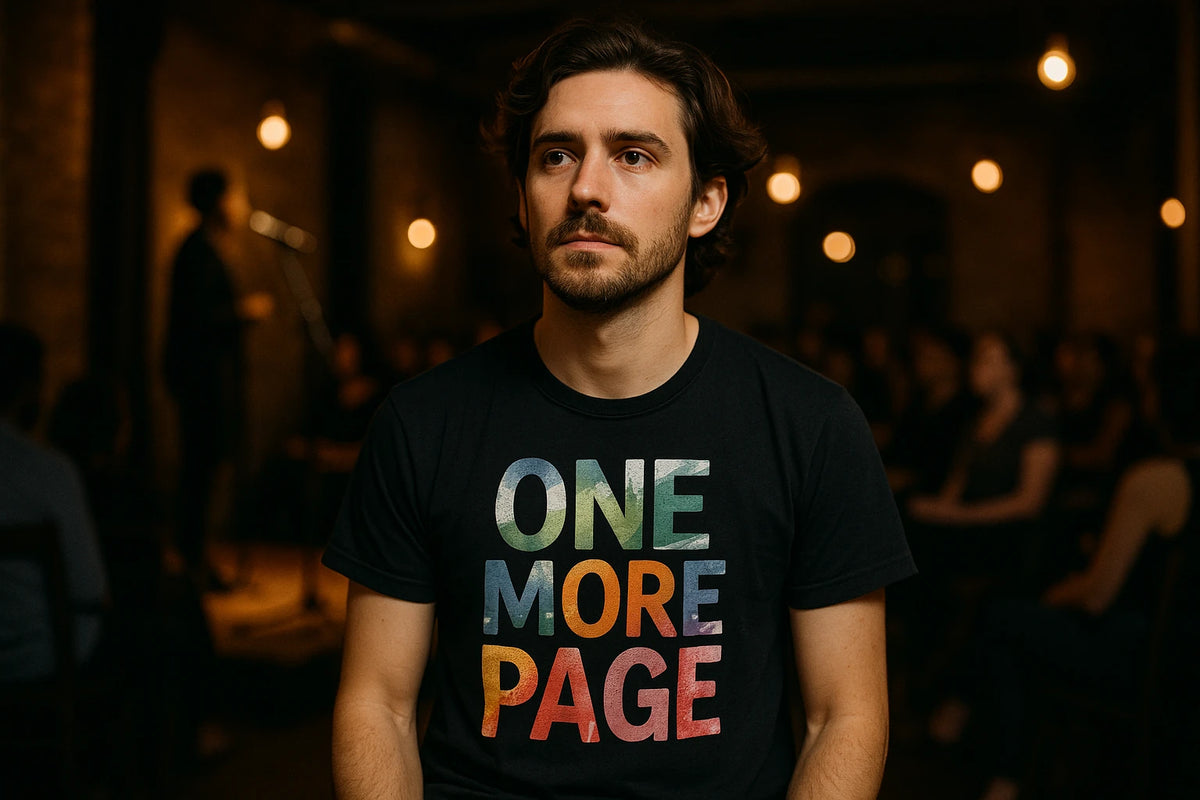 Lifestyle shot of the "One More Page" black reading shirts in a real-world setting