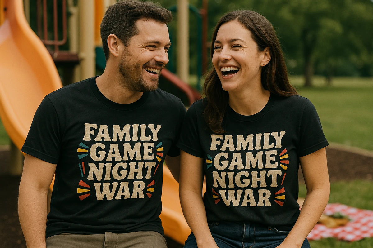 Person wearing the black family life t shirt graphic tee - "Family Game Night War" design