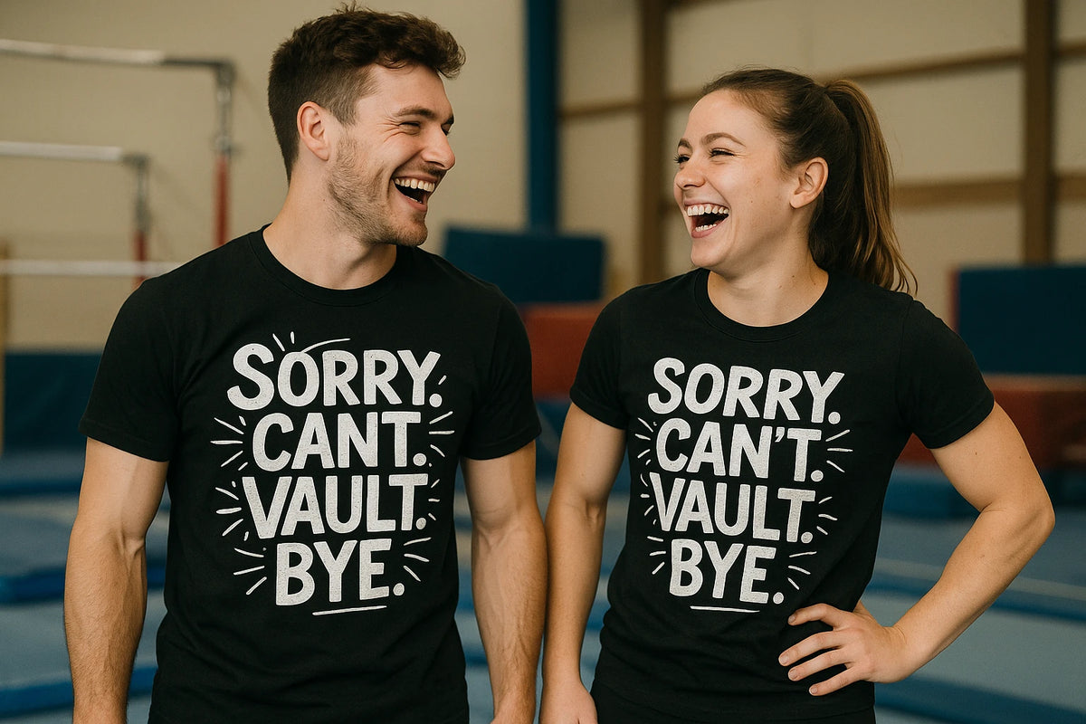 Person wearing the black gymnastics graphic tees graphic tee - "Sorry. Cant. Vault. Bye." design