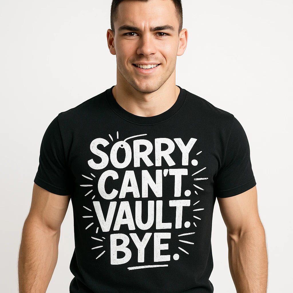 Close-up of the "Sorry. Cant. Vault. Bye." white print on a premium Bella+Canvas black gymnastics graphic tees