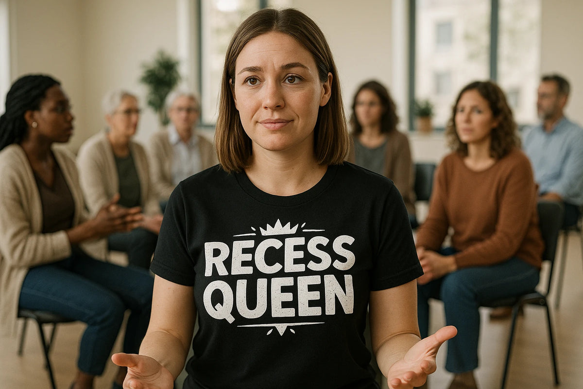 Lifestyle shot of the "Recess Queen" black teacher shirts in a real-world setting