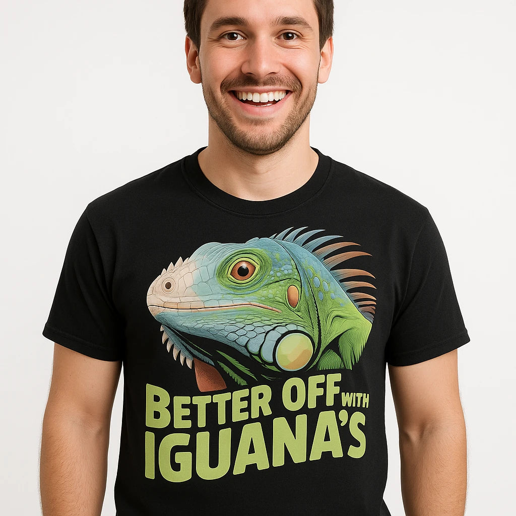 Close-up of the "Better Off With Iguanas" tan print on a premium Bella+Canvas black iguana t shirt