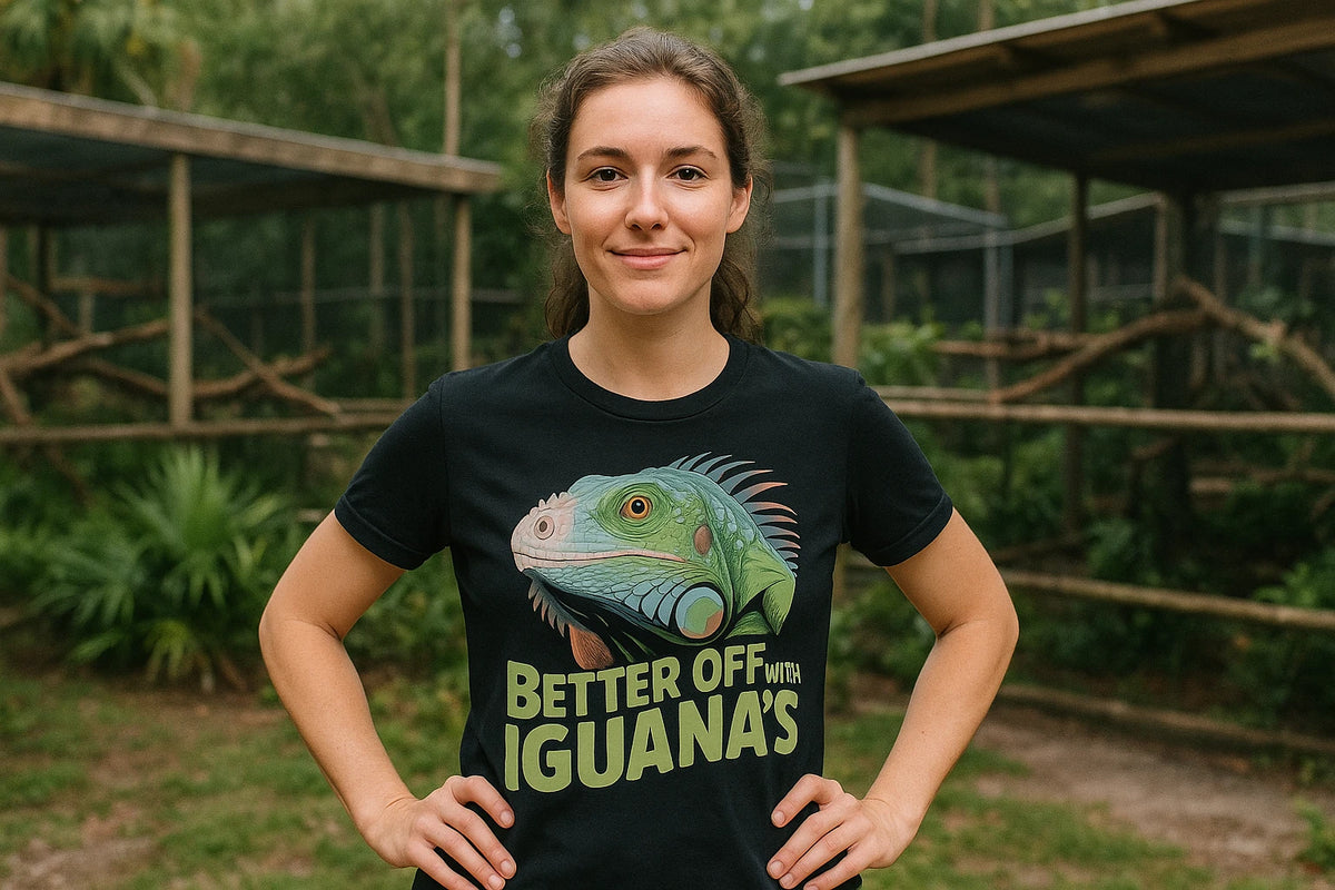 Lifestyle shot of the "Better Off With Iguanas" black iguana t shirt in a real-world setting