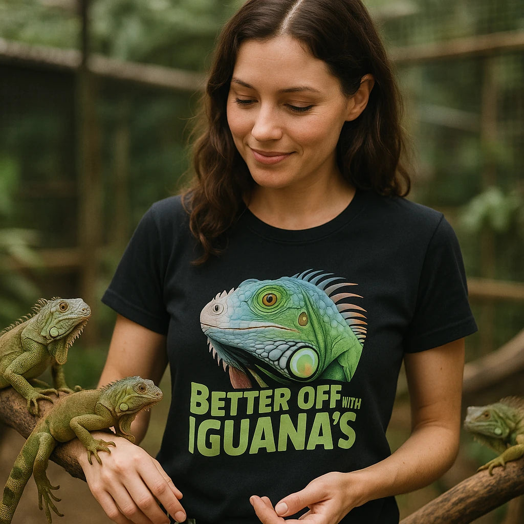 "Better Off With Iguanas" black iguana t shirt, photographed as iguana lover gift