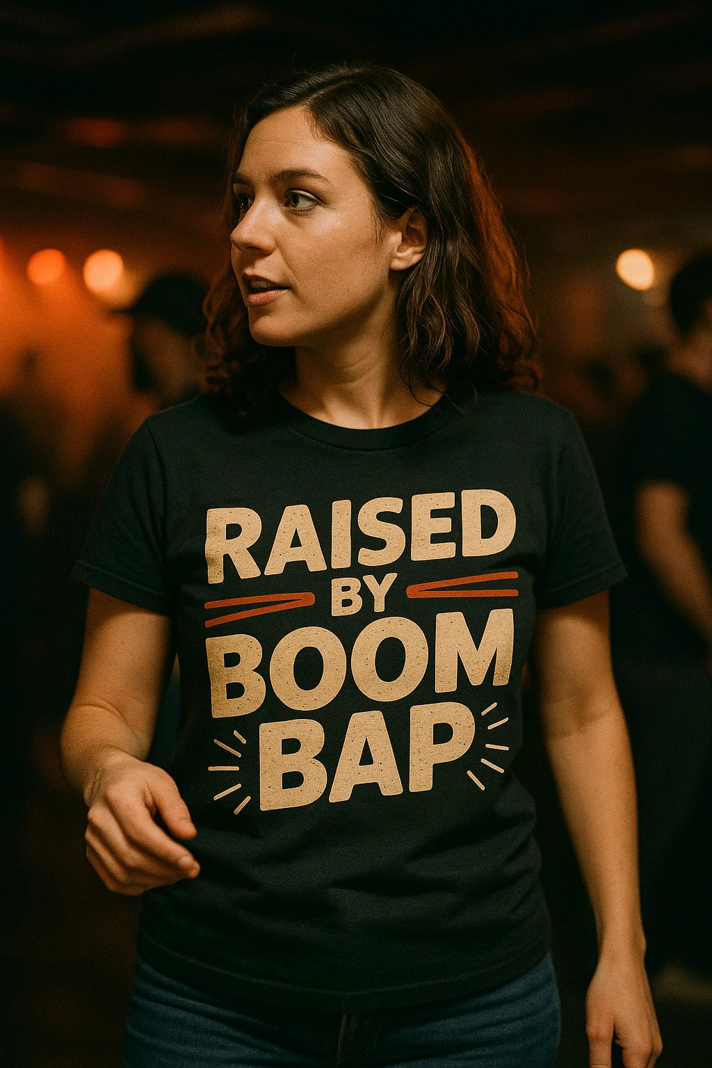 "Raised By Boom Bap" black hip hop tshirt, photographed as gift for hip hop lover