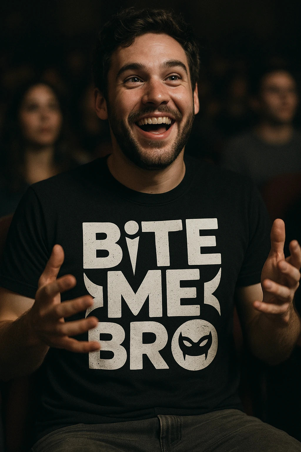 "Bite Me Bro" black vampire t shirt, photographed as gifts for vampire lovers