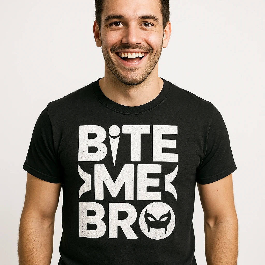 Close-up of the "Bite Me Bro" white print on a premium Bella+Canvas black vampire t shirt