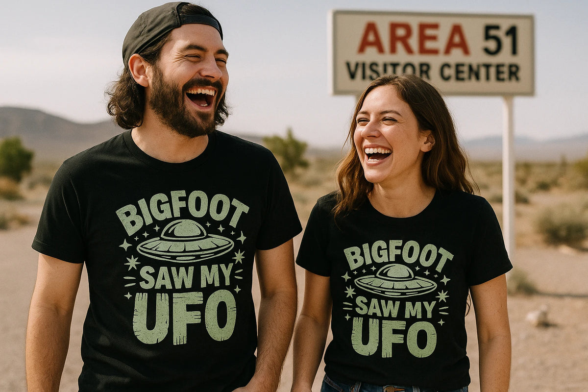 Person wearing the black alien tee shirts graphic tee - "Bigfoot Saw My UFO" design